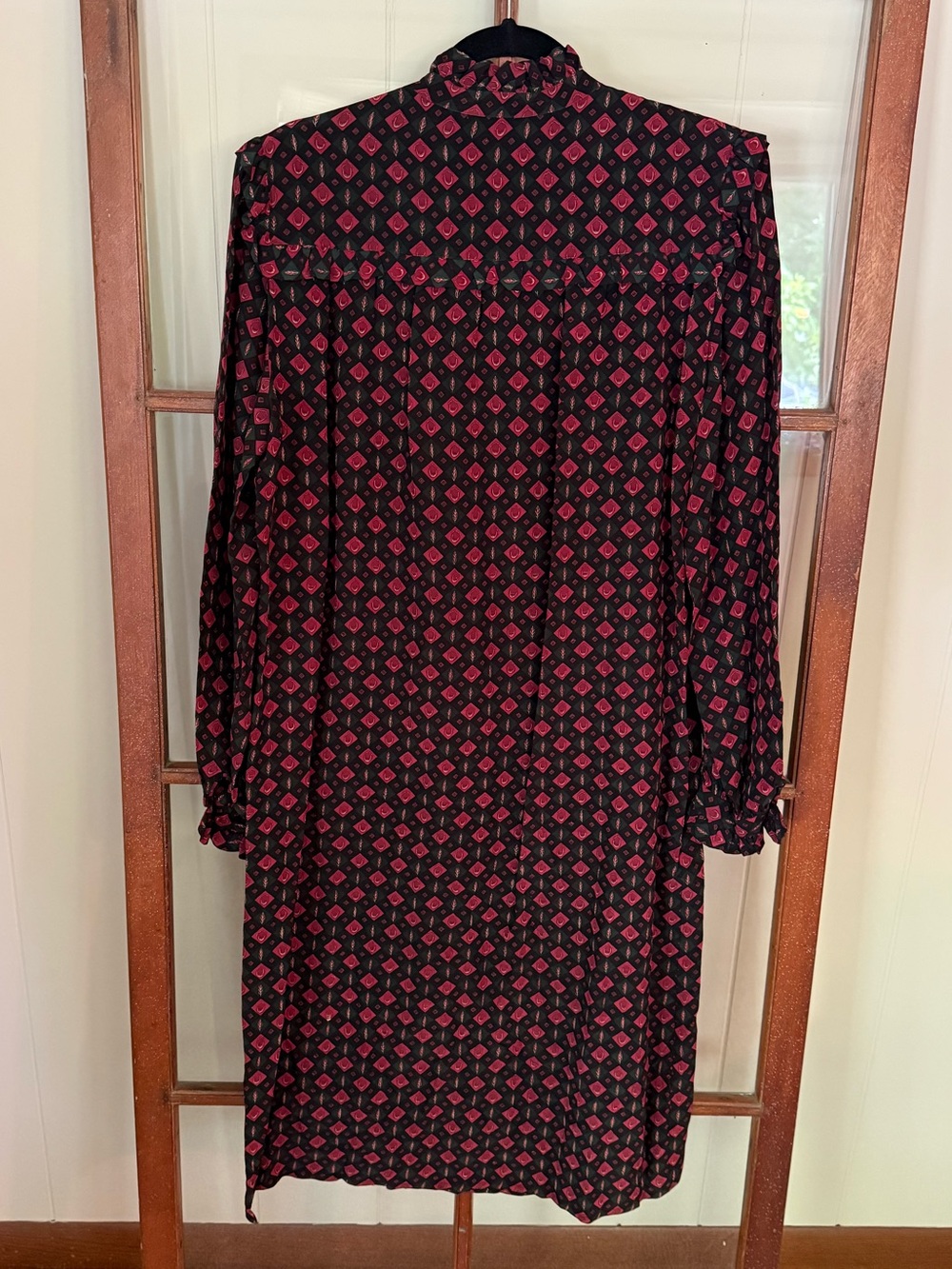 Maggy London 100% Silk Long Sleeve Ruffle Neck Printed Midi Dress Western Retro - Picture 5 of 7